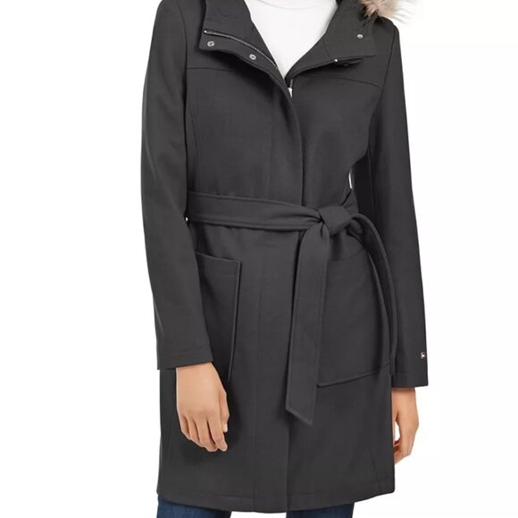 TOMMY HILFIGER Belted Faux-Fur-Trim Hooded Coat XS - Picture 1 of 4